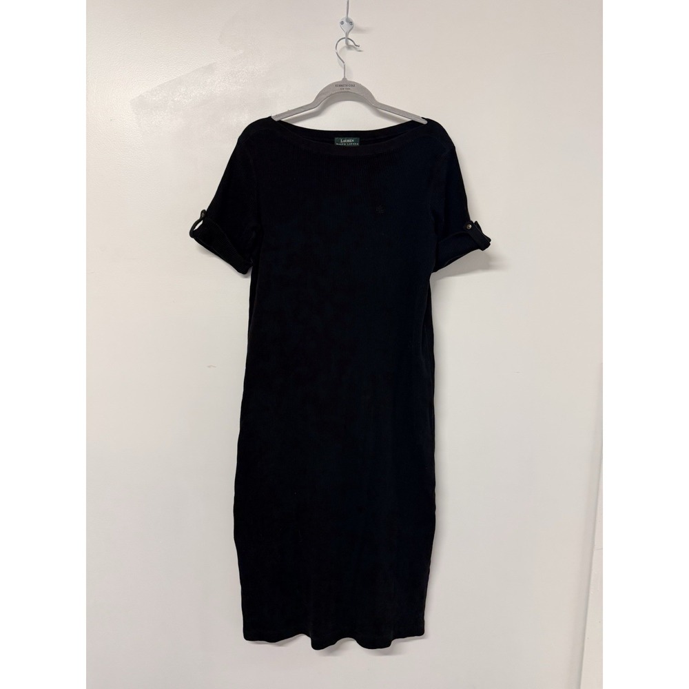 Vintage Lauren Ralph Lauren Dress Large Black Ribbed Knit Short Sleeve    #67
